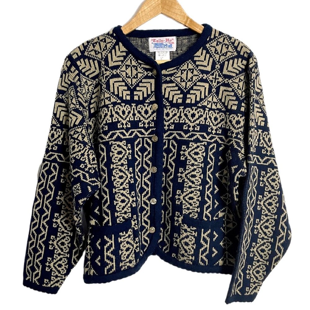 1990s Tally-Ho nordic jacquard knit sweater jacket - size PL